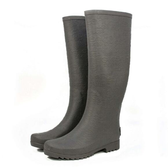 UGG Women's Wilshire Embossed Logo Pattern Tall Rain Boots, Charcoal \ Grey Sz 9 - Picture 1 of 11